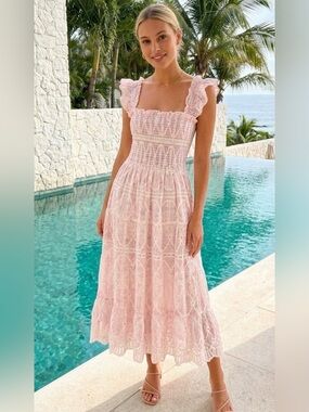 Rosie Posie Pink Smocked Midi Dress Small Romantic Cottagecore